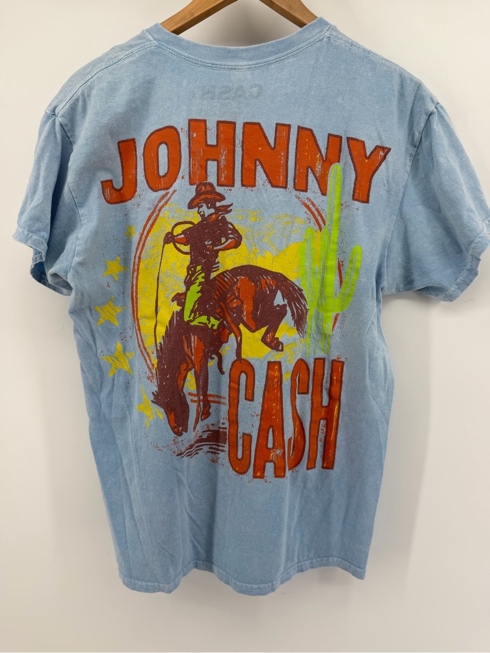 Light Blue Johnny Cash Rodeo Graphic Tee with Orange & Neon Yellow Print
